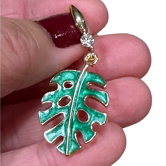 Gold and Green Monstera Leaf Drop Earrings - Picture 5 of 6